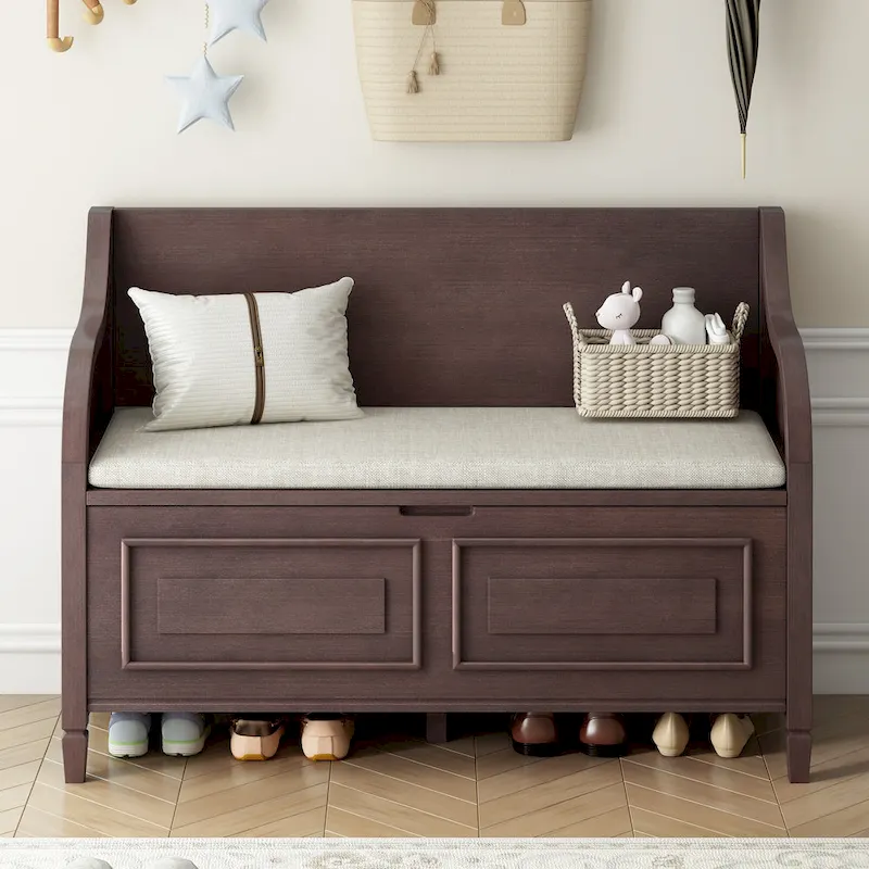 TREXM Rustic Style Multifunctional Storage Bench with Safety Hinge