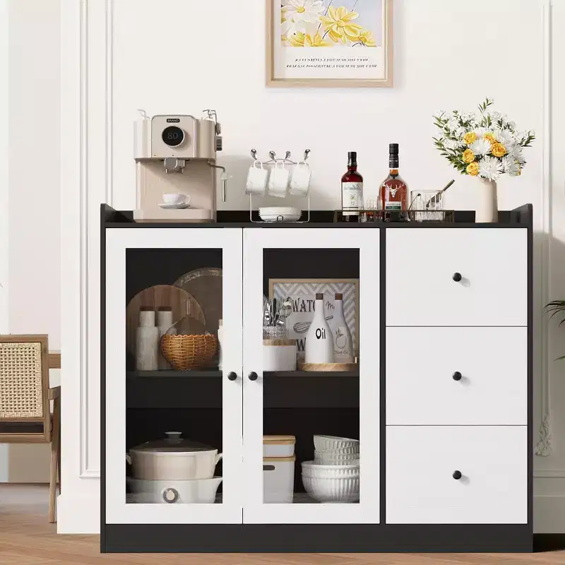Coolmee 43 Buffet Sideboard Cabinet & Storage Chest with Guardrail Design, Adjustable Shelves & 3 Drawers for Kitchen and Dining Room