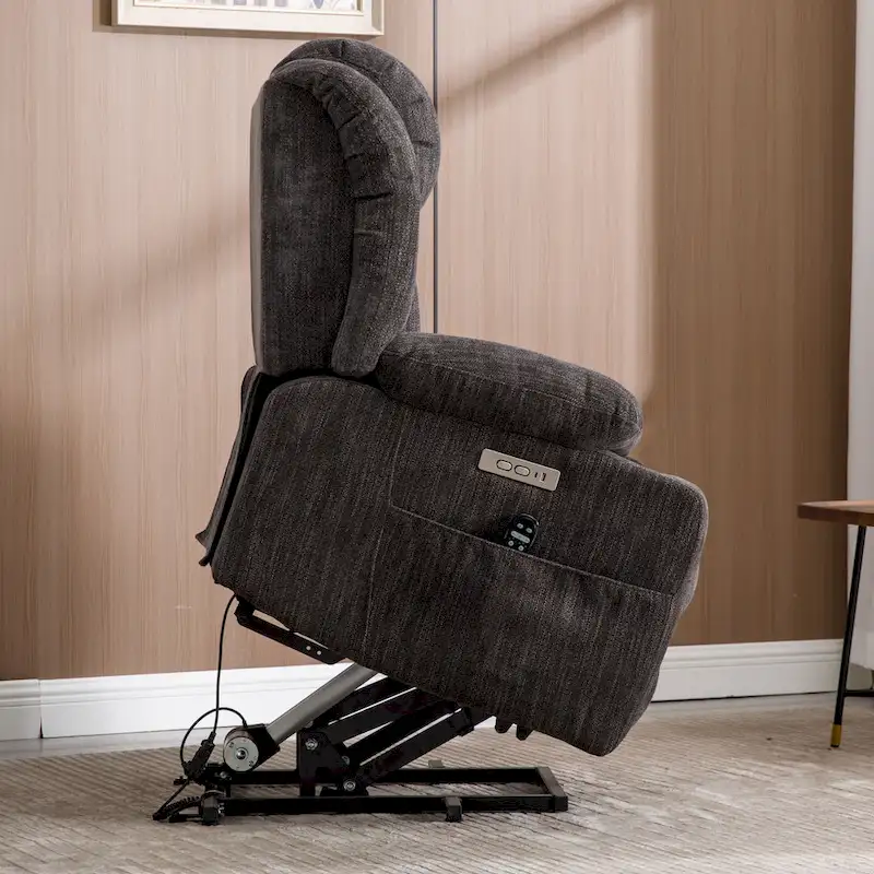 Grey Chenille Power Lift Recliner with Massage, Heating, USB, Cup Holders