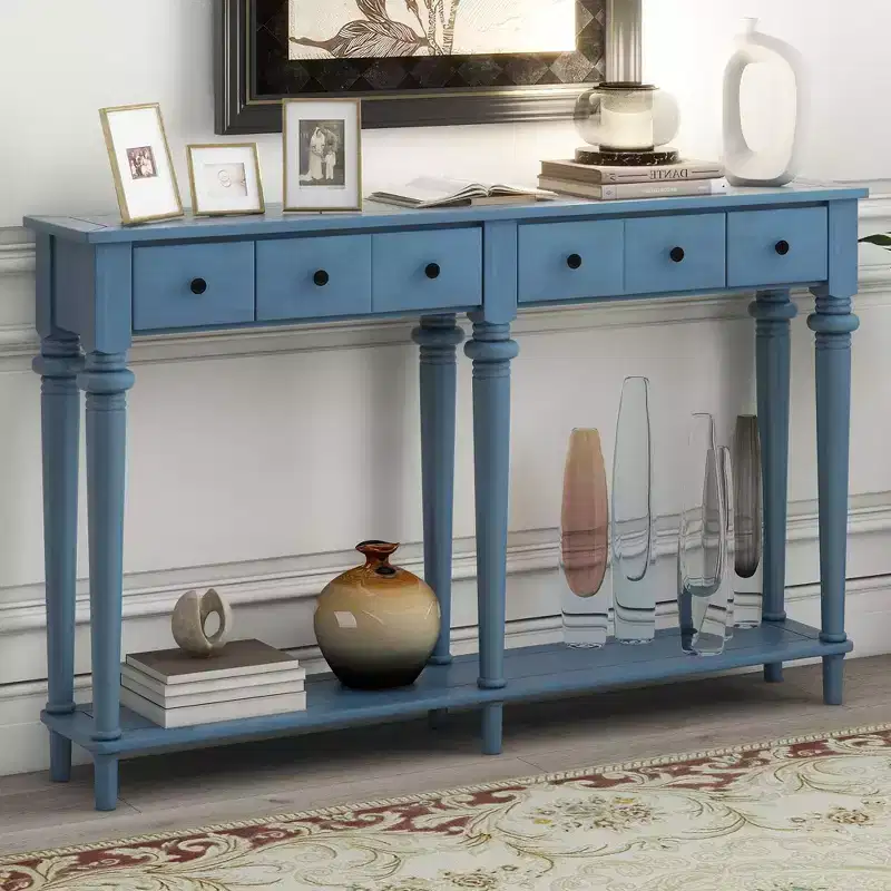 Okak 59.8IN Retro Entryway Table with 4 Drawers, Narrow Console Table with Open Shelves, Hallway Table for Living Room, Foyer, Navy Blue