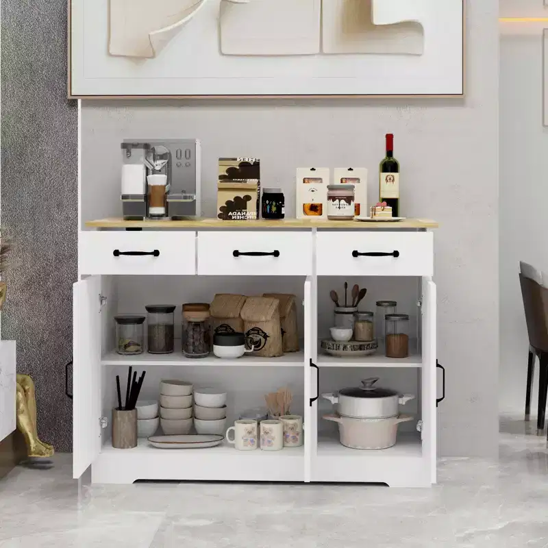MAYEERTY White Farmhouse Buffet Cabinet, 3 Drawers 3 Doors Storage Sideboard for Dining Room