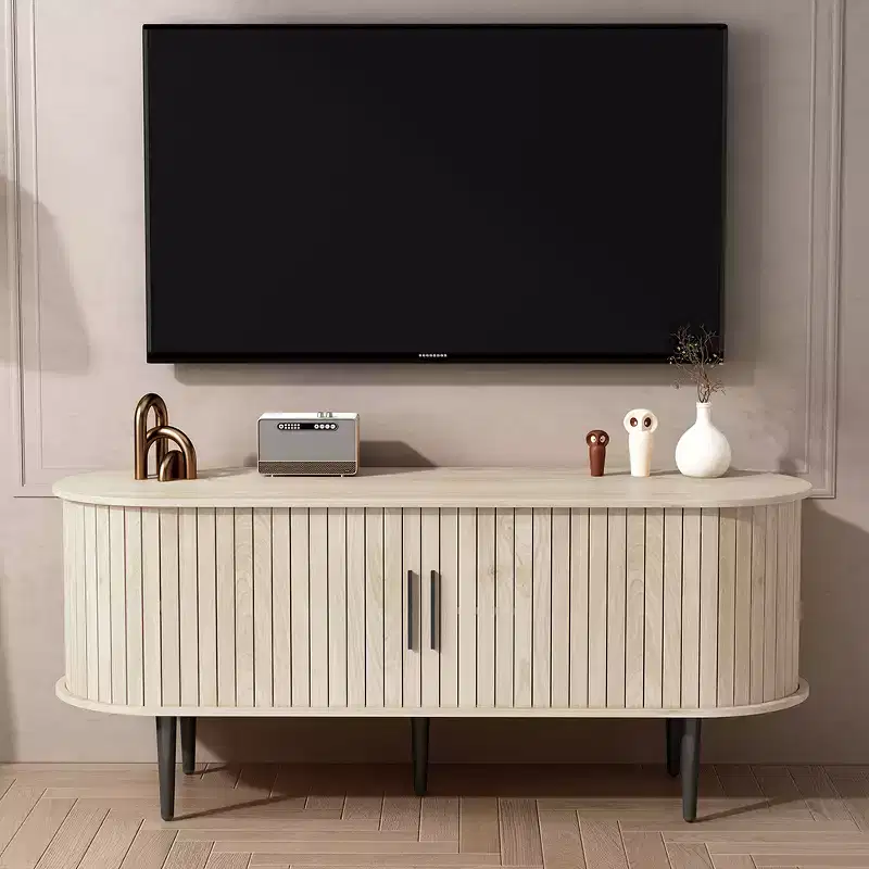 Mid-Century Modern Wooden TV Stand with Sliding Door, 55
