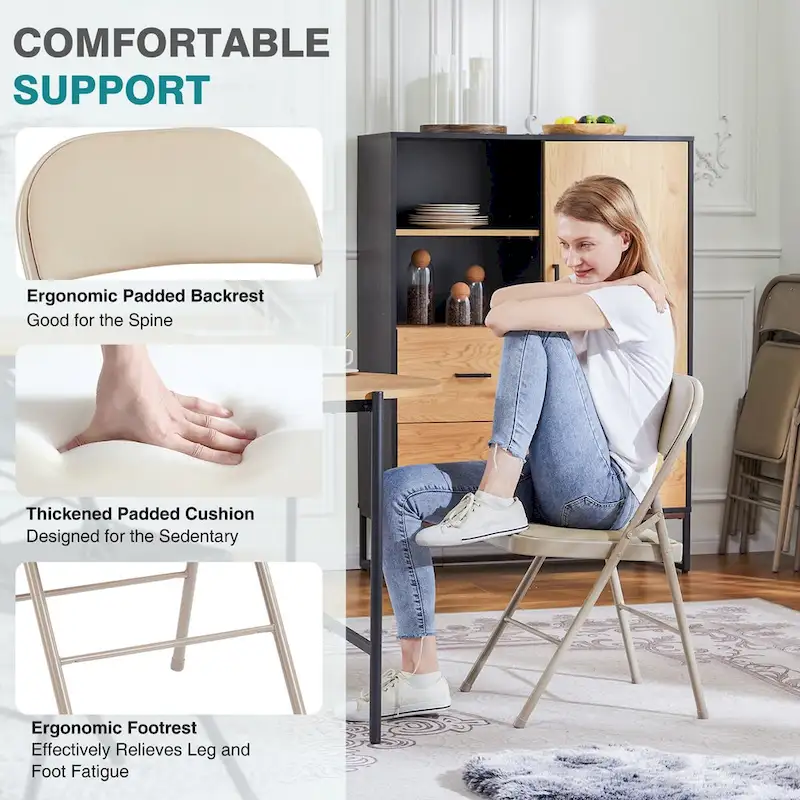 Leather Padded Folding Chairs, Sturdy Metal Foldable Chairs (Set of 2)
