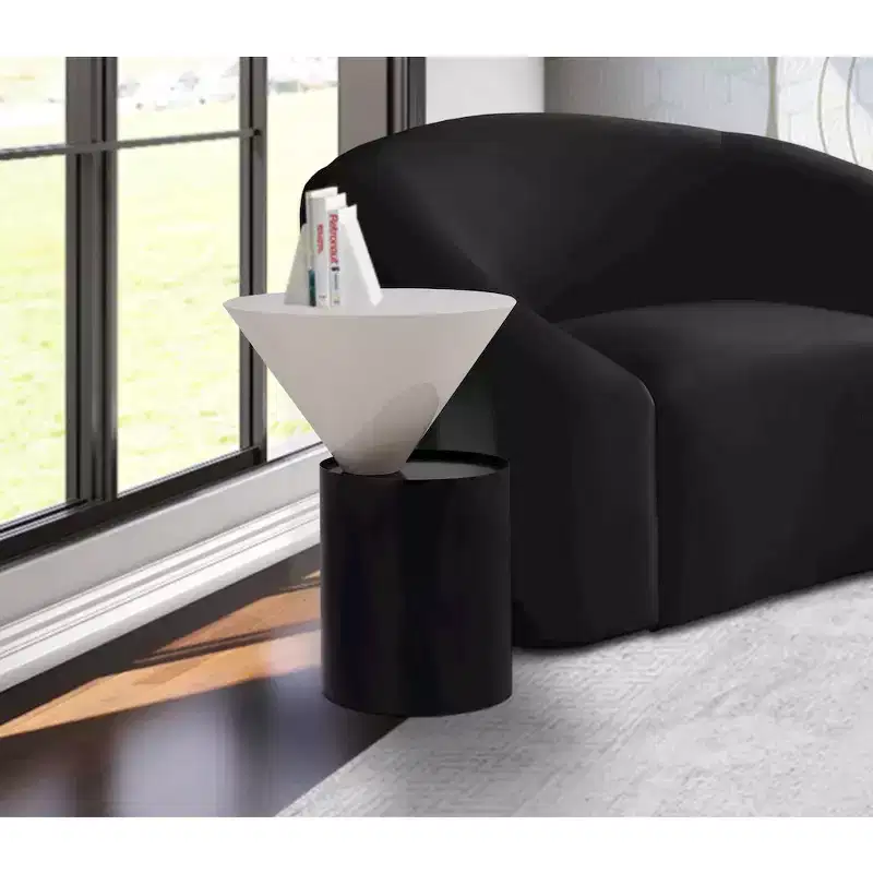 White Metal Top End Table with Matte Black Base, Contemporary Round Design