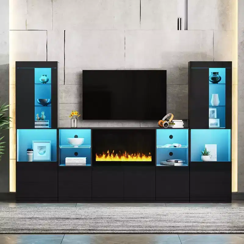 Modern TV Stand with LED Lights for 75 inch TV, Media Console Table with Tempered Glass Shelves and Non-heating Fireplace