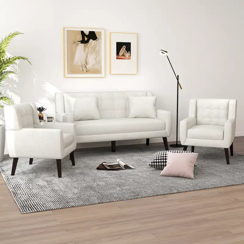 Tufted Linen/Cotton Loveseat with 2 Accent Chairs