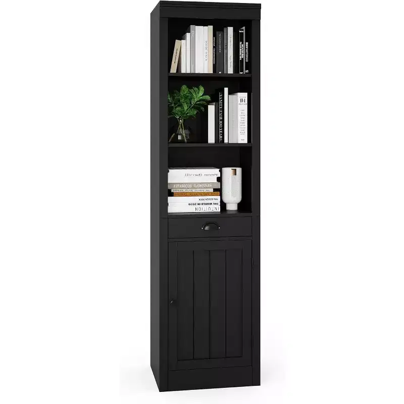 71 inch Tall Bookcase with Drawers & Doors, 3-Tier Open Bookshelf with Adjustable Shelves, Narrow Storage Cabinet for Living Room, Black