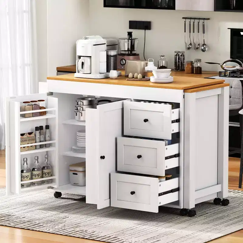 Kitchen Island with Extendable Table, Storage, and Power Outlet