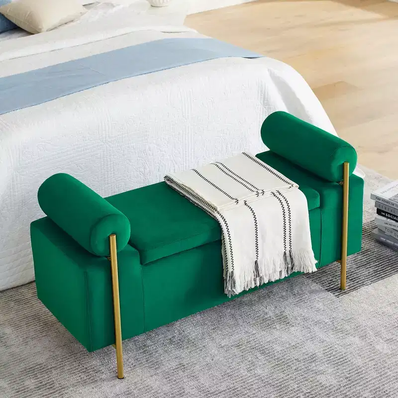 Elegant Upholstered Line Storage Bench with Cylindrical Arms and Iron Legs for Hallway Living Room Bedroom Green