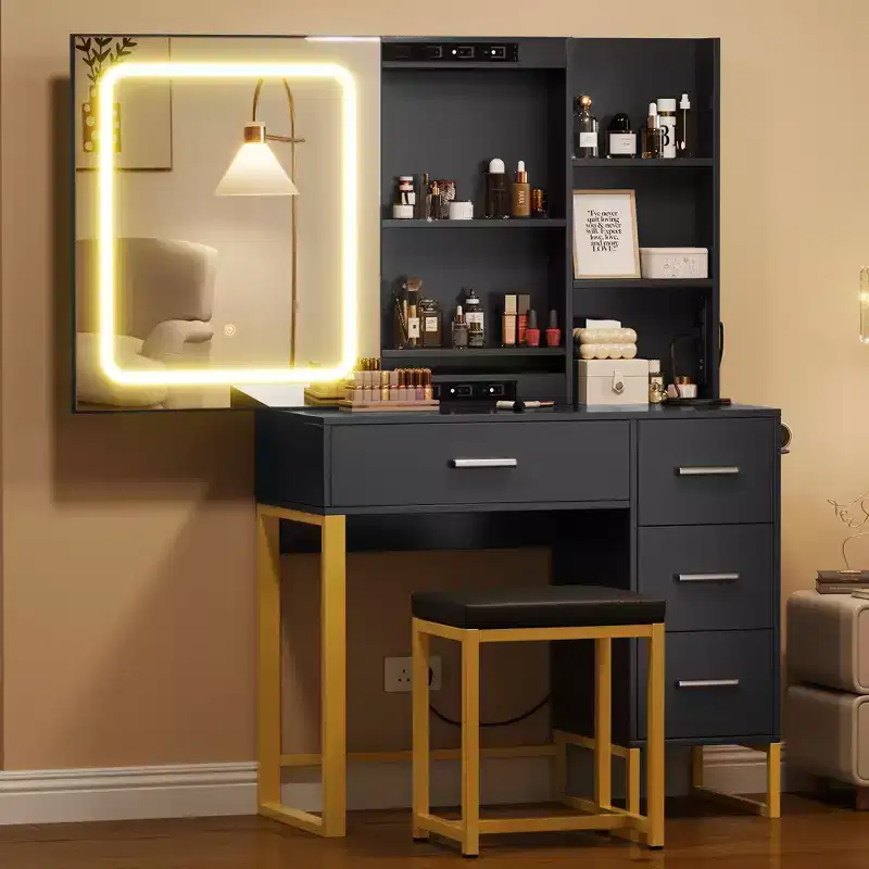 Vanity Desk, Makeup Vanity Desk with Mirror and Lights, Power Outlets, Vanity Table with Cushioned Chair
