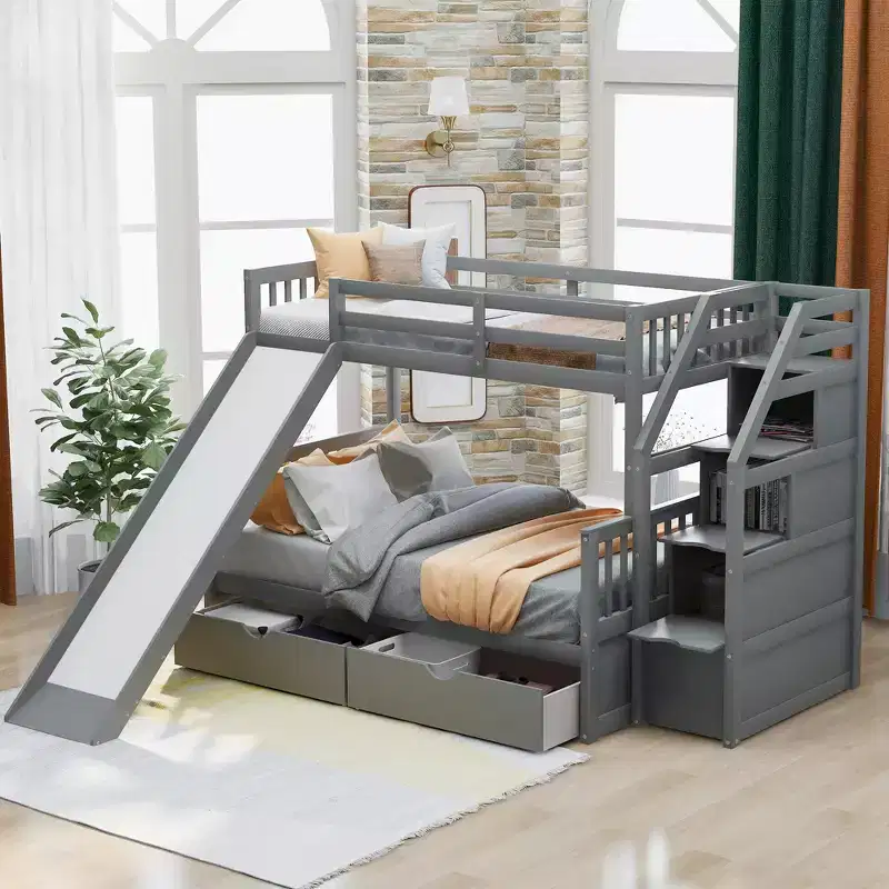 Whisen Twin over Full Bunk Bed with Drawers, Storage and Slide, Multifunction