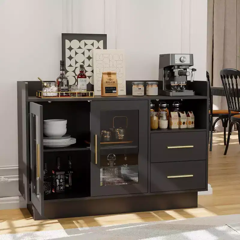 Wine Cabinet, Coffee Bar Station with Double Glass Doors, Black Liquor Storage Cabinet for Kitchen Living Room