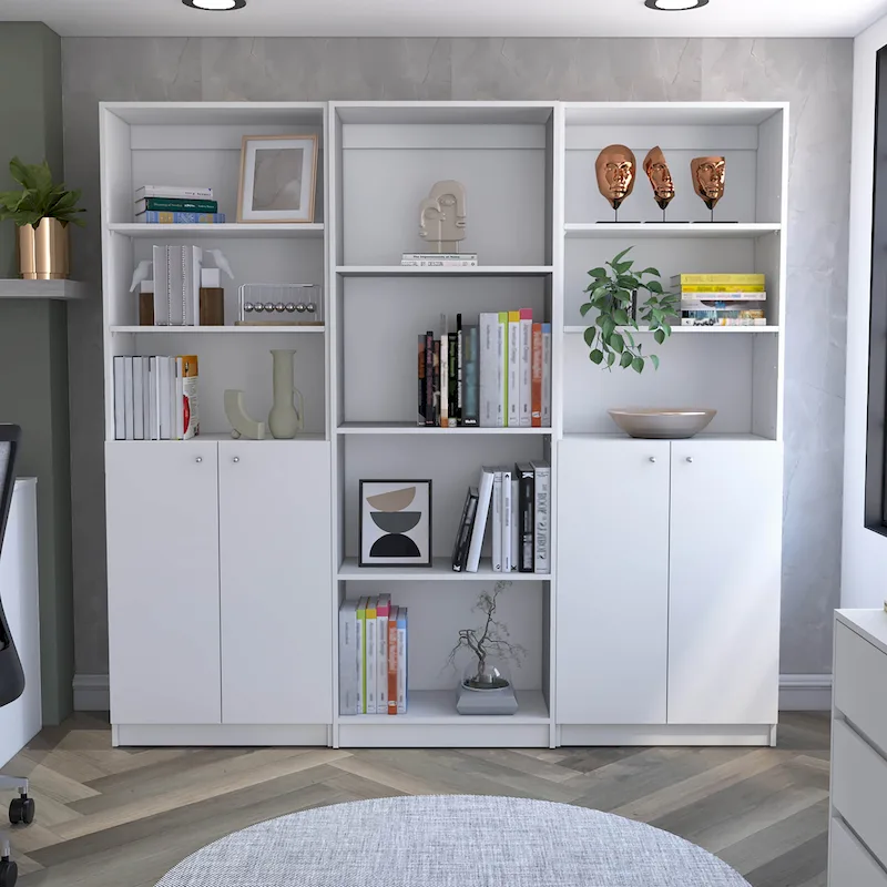 3pc Bookcase set 74 Wide 4-Shelf Double Cabinet