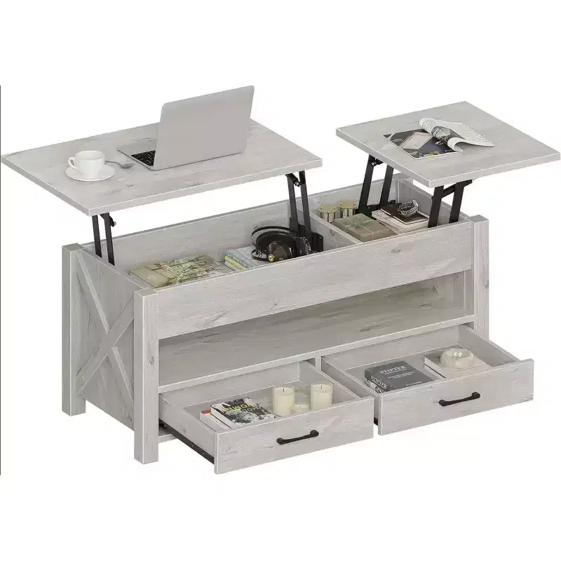 Dual Lift Top Coffee Table with Spacious Storage - Rustic Farmhouse Light Gray Multi-Functional Table for Living Room & Home Office