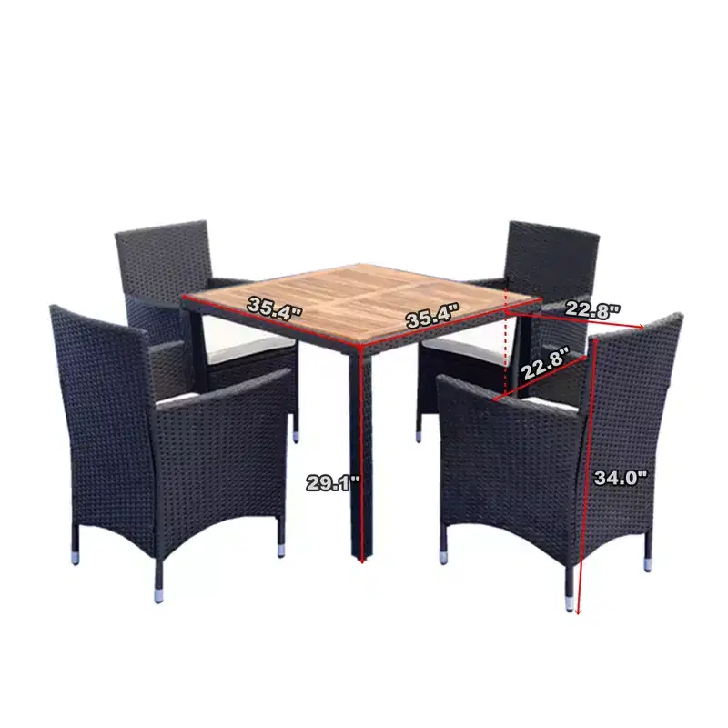 5-Piece Patio Wicker Dining Set, Outdoor Furniture with Acacia Wood Top Table, Black+Creme 4M - ModernLuxe