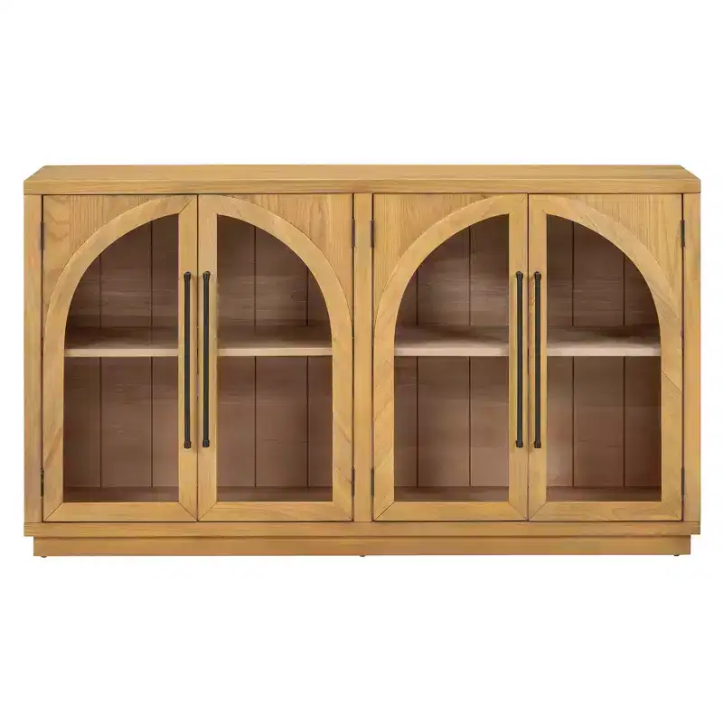 Luxystar 4-Door Sideboard Buffet Cabinet with Large Storage, Glass Doors and Adjustable Shelves for Dining and Living Room, Natural Wood