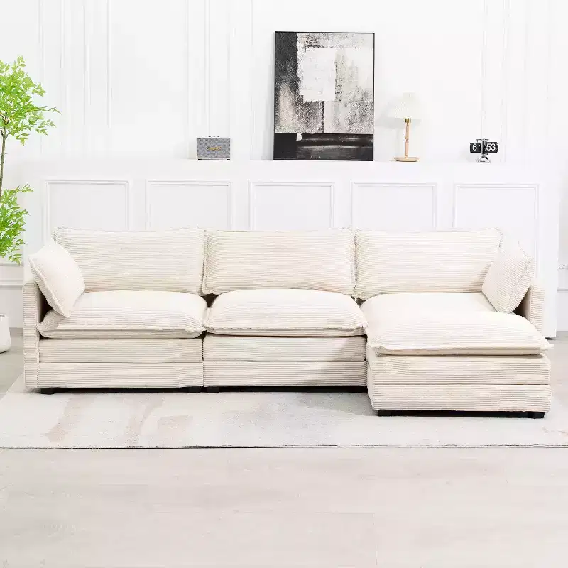 Likepay 112 in. W 4-Piece Modern Corduroy Fabric Sectional Sofa Couch with Ottoman