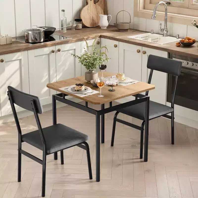 3 Piece Dining Room Table Set, Kitchen Table Set with Wooden Grain Kitchen Table & 2 PU Upholstered Metal Chairs for Small Space,Home Dinner