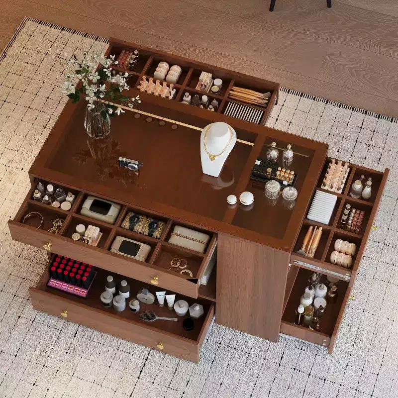 Closet Island with 6 Drawers, Dresser with Glass Display Top & Open Shelves, Jewelry Storage Vanity Island Display Cabinet