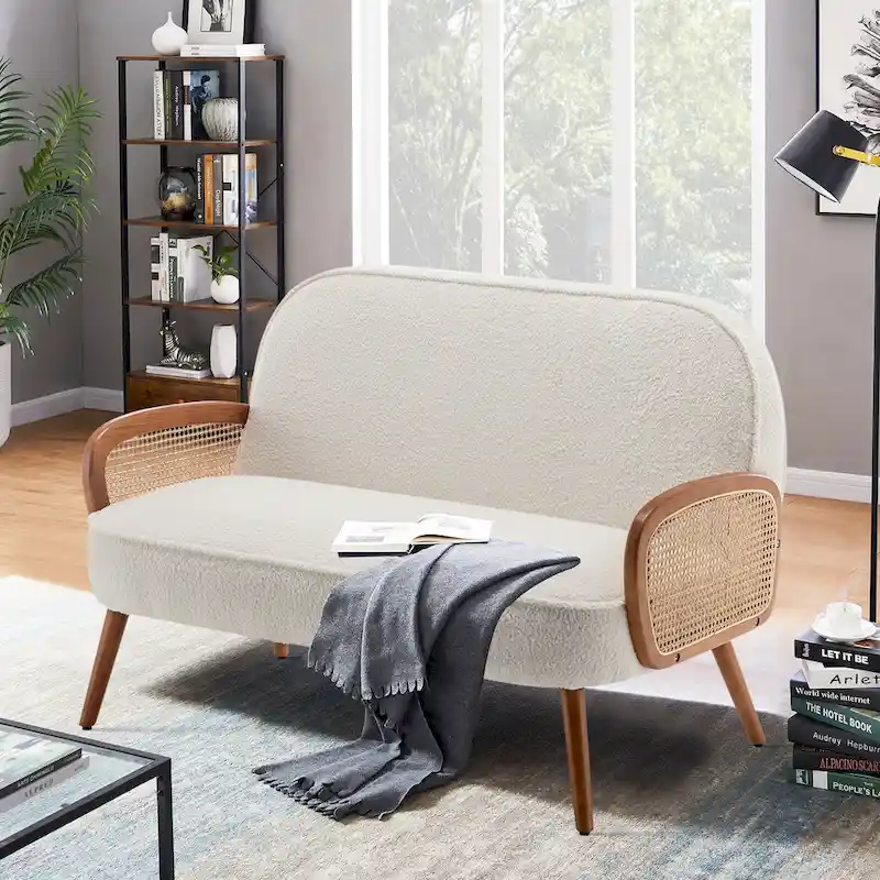 41 W Small Loveseat with Natural Rattan Arms,Upholstered Modern Mini Sofa Couch Love Seat Settee Bench with Back