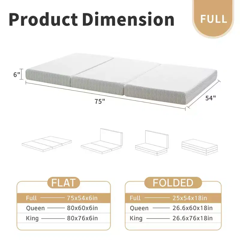 Tri Folding Mattress 6 Inch Memory Foam Trifold Mattress Foldable Washable Cover&Non-Slip Bottom&Storage Bag for Space-Saving Guest Bed,Pet