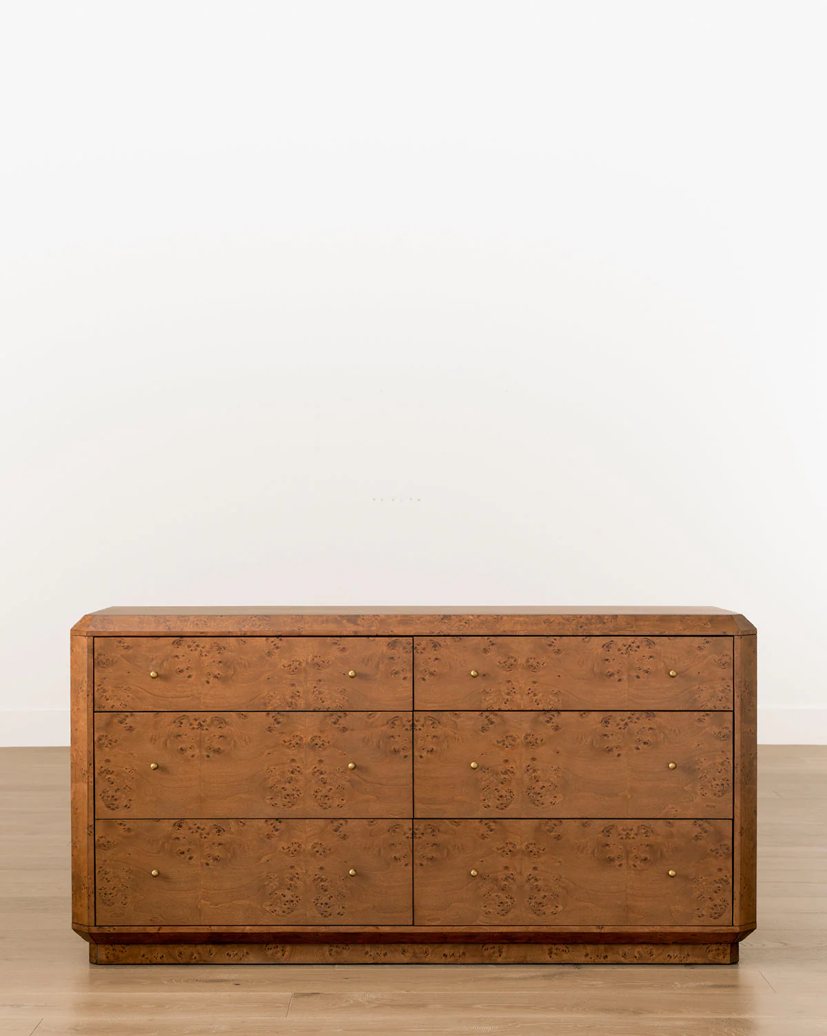 Artisan Burl Wood Dresser with Brass Pulls & Geometric Motifs for Bedroom
