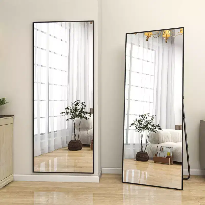 Rectangle Full Length Floor Mirror, Leaning Design, Black/Gold
