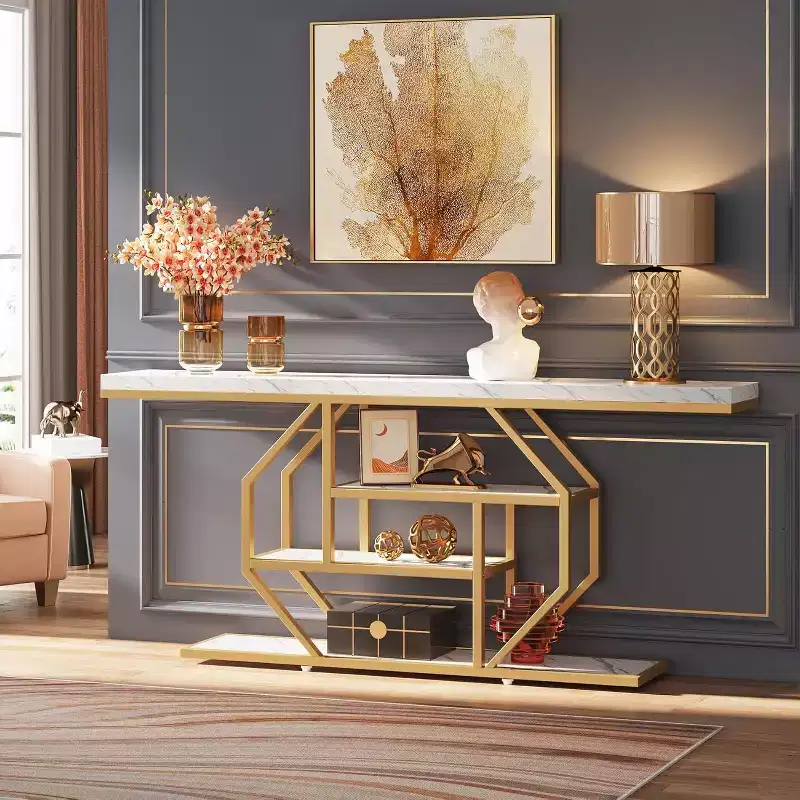 70.9-Inch Extra Long Console Table with 4-Tier Storage, Gold Frame & Faux Marble White Top, Living Room or Hallway