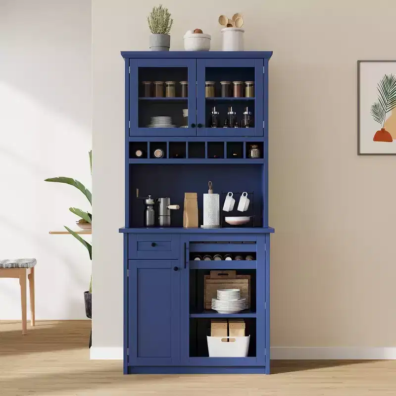 Whisen Freestanding Buffet with Hutch, Tall Kitchen Pantry Storage Cabinet with Wine Rack and Adjustable Shelves
