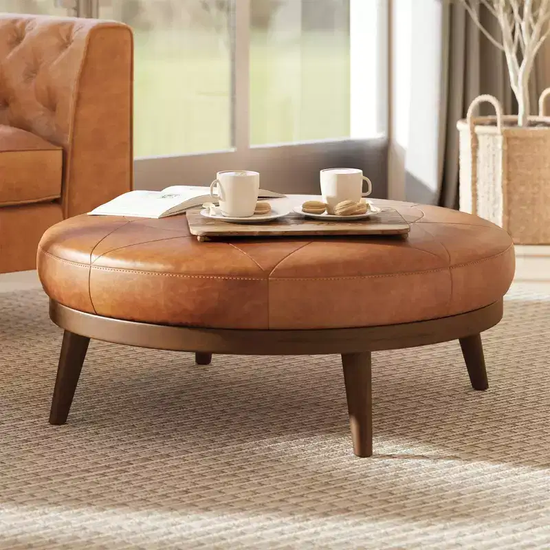Poly & Bark Gio Italian Leather Ottoman Cognac Tan: Upholstered Padded Seat, Wood Frame, Oval Shape, 17" Height