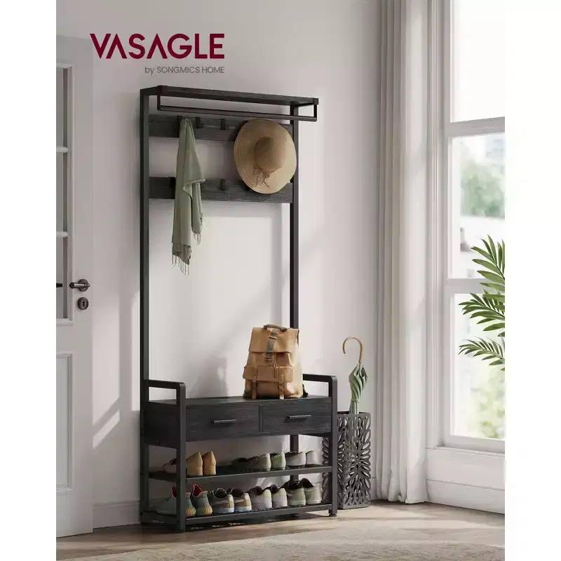 VASAGLE Hall Tree with Bench and Shoe Storage, Entryway Coat Rack with Shoe Bench, 2 Fabric Drawers, 10 Hooks