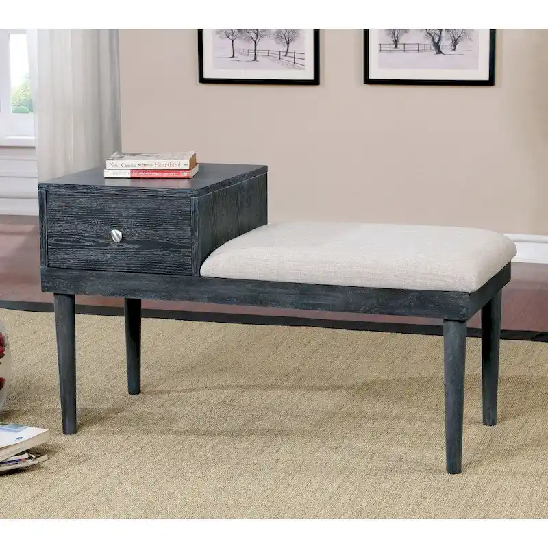 Contemporary Grey Solid Wood Accent Bench with 1 Drawer – Modern Entryway Storage Seat