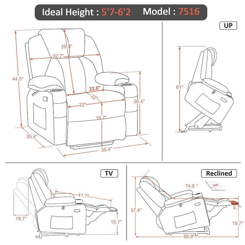 MCombo Large Power Lift Recliner Chair with Massage, Cup Holders, Extended Footrest, Fabric 7516