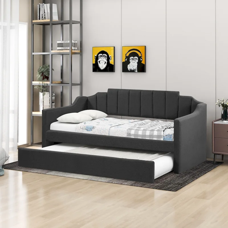 Twin Upholstered Daybed with Trundle, Linen Fabric, Modern Style, Guest Bedroom