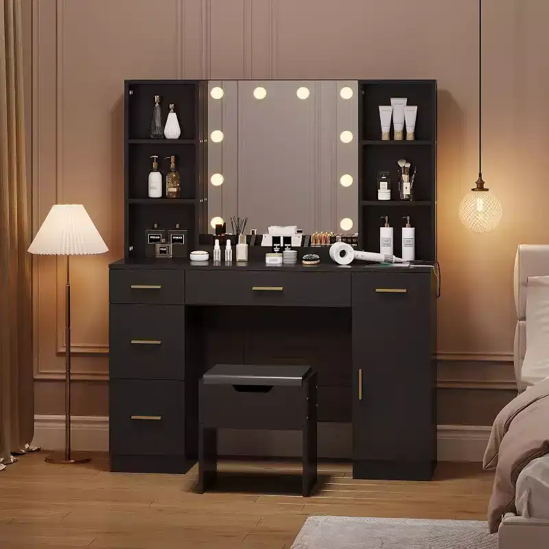 Vanity Desk Table With Mirror and Lights, Power, Large Makeup Vanity With 5 Drawers, 6 Open Shelves, Cabinets, With Stool