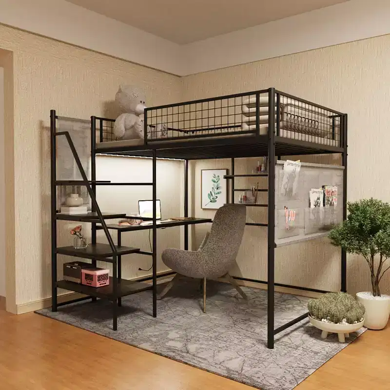 Full Size Loft Bed with Safety Guardrail, Desk, Ladders and Storage Shelves