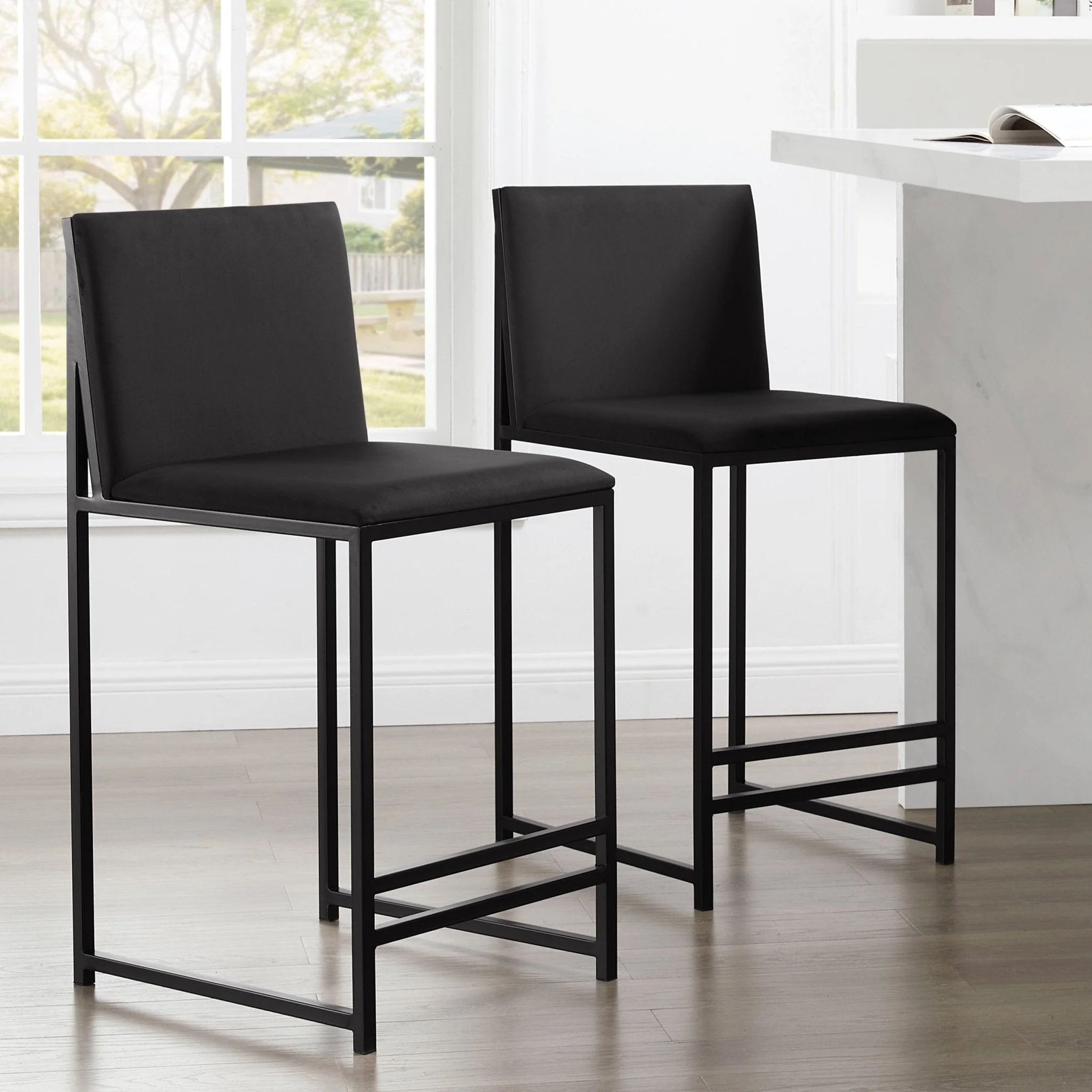 Modern Charcoal Velvet Barstool with Black Metal Frame for Kitchen