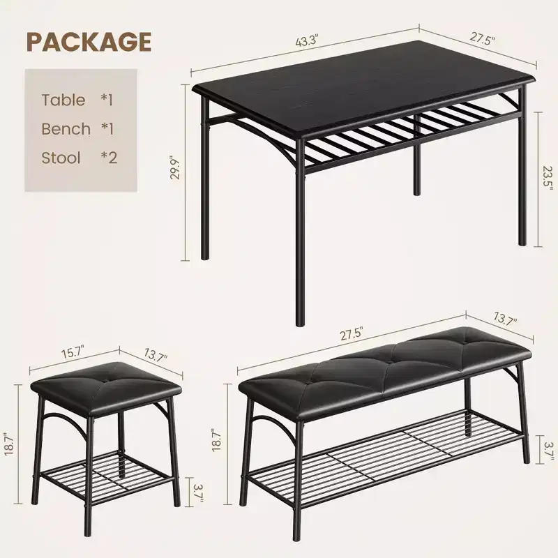 Dining Table Set for 4 with MDF Top and Metal Frame, Kitchen Table with Upholstered Bench and Square Stools, Compact Storage Dining Room Set.