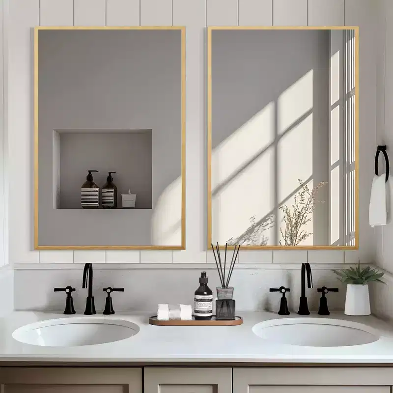 Rectangular Gold Aluminum Alloy Frame Hanging Mirror with Thin Edge and Double-Sided Mounting Feature