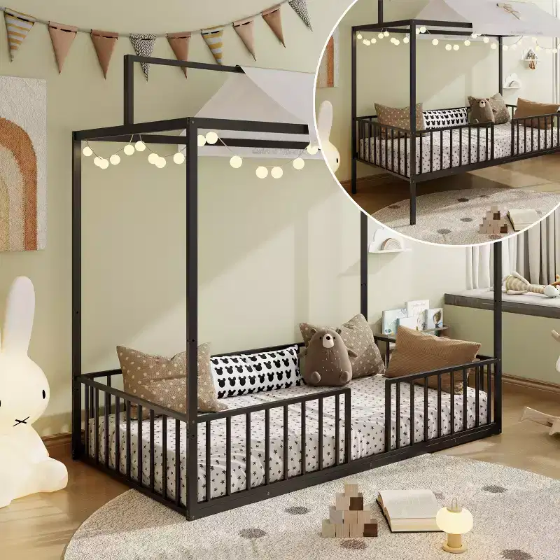 Twin/Full Size 3-in-1 Convertible Montessori Metal Floor Bed, Fenced Toddler Bed, Canopy Platform Bed - ModernLuxe