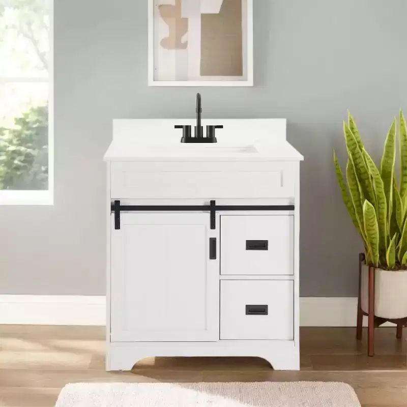 Bestier 30 White Farmhouse Bathroom Vanity with Sliding Barn Doors, 2 Drawers, Freestanding Vanity with Protective Backsplash