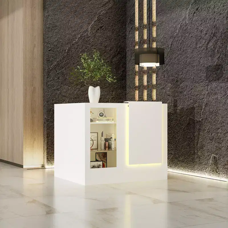 Famapy White Corner Reception Desk Display Counter Table with Tempered Glass