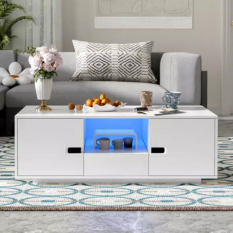 Modern High Glossy Rectangle Coffee Table, Stylish Center Table with Storage Space, Accent Furniture with 16 Color LED Lights for Living Room