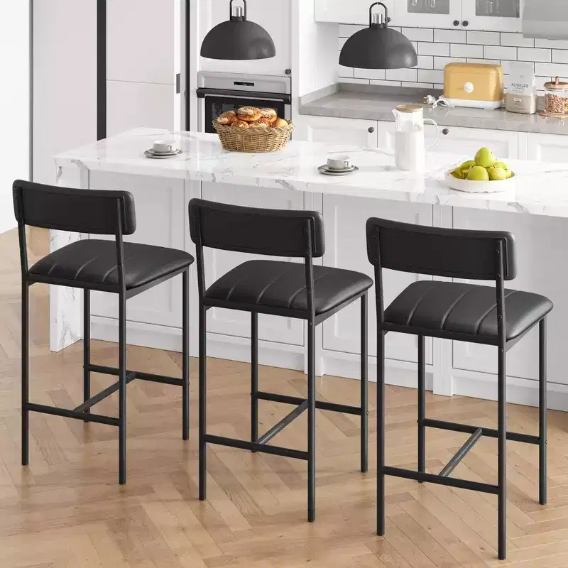 Bar Stools Set of 2, Kitchen Bar Stools with Footrest, PU Upholstered Counter Height Barstool, Bar Chairs for Kitchen Island, Counter, Classic Black