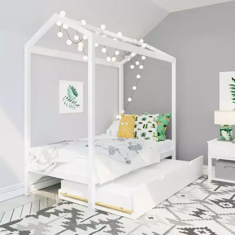 Max & Lily Twin Size Solid Wood House Bed Frame with Storage Trundle and Roof for Kids Bedroom