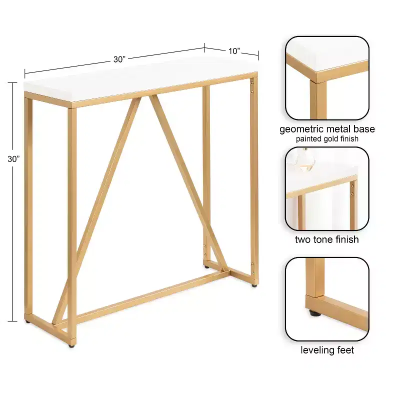 30x10x30 Rectangle Console Table - White & Gold, Geometric Metal Base, MDF Top