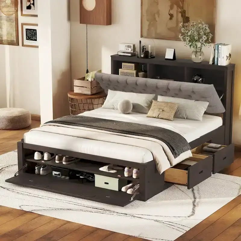 Wood Platform Bed with Storage Headboard, Shoe Rack and 4 Drawers