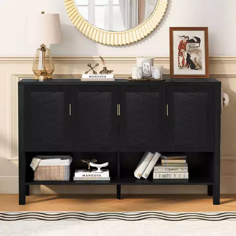 Okak Modern Double Tiers 4-Door Sideboard Storage Cabinet for Dining Room,Living Room,Kitchen Pantry Cabinets with Open Shelves
