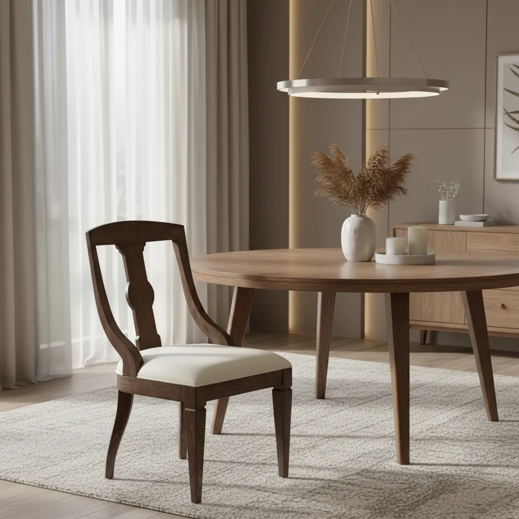 Sling Arm Dining Chair, Solid Oak, Off-White Linen Upholstery