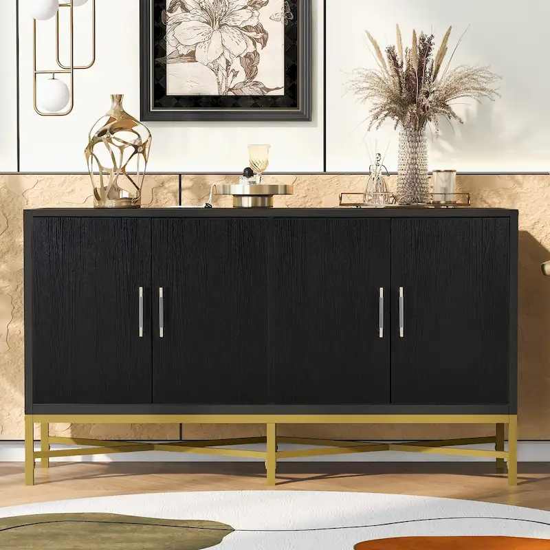 Sideboard Cabinet with Metal Handles, Entryway Storage Cabinets with Shelves, Buffet Cabinet with Metal Cross Leg